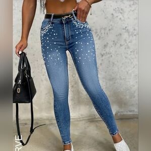 NEW WOMEN HIGH WAISTED DENIM JEANS With PEARL DESIGN PLUS SIZE 4XL